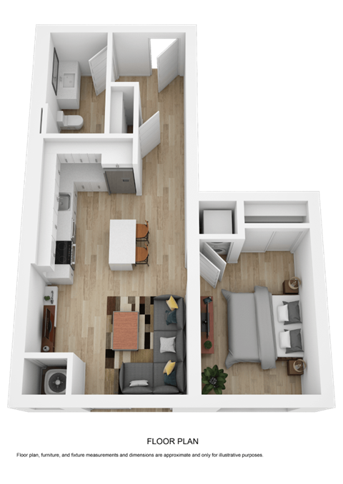 Floor plan for 1 bed, 1 bath, 604 sqft